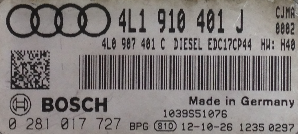 Bosch Engine ECU, Audi Q7 3.0 TDI, 0281017727, 0 281 017 727, 4L1910401J, 4L1 910 401 J, 1039S51076, EDC17CP44