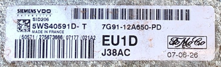 Ford, SID 206, 5WS40591D-T, 7G91-12A650-PD, EU1D