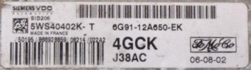 Ford, SID206, 5WS40402K-T, 6G91-12A650-EK, 4GCK, J38AC